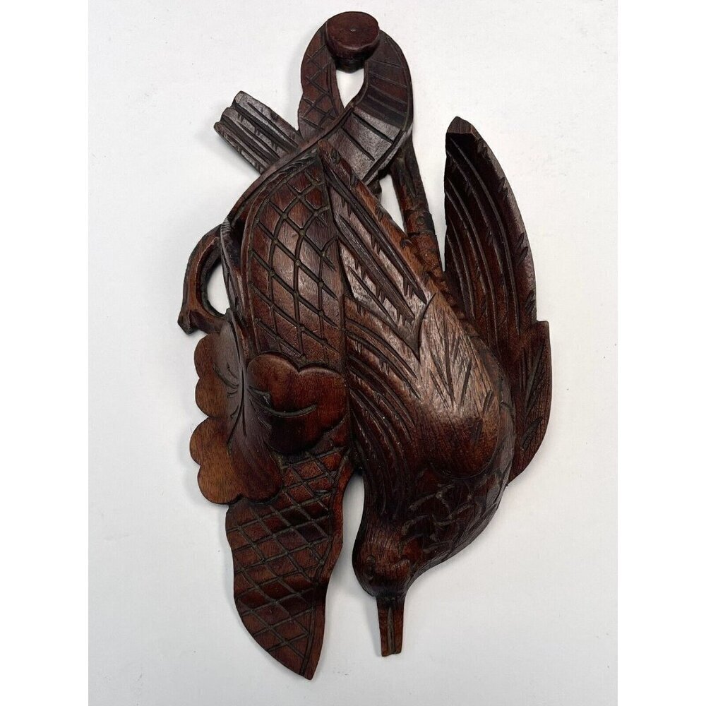 Antique 9.5" 3D Hand Carved Wooden Walnut Wood Black Forest Bird WALL POCKET EUC